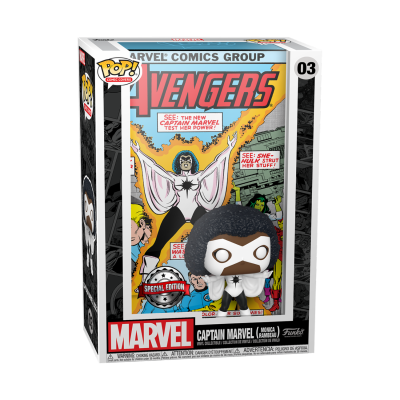 Figura Funko Pop! Captain Marvel na caixa com arte Avengers e texto em inglês