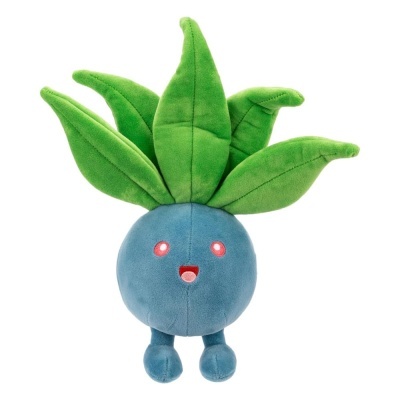Pelúcia do personagem Oddish azul com folhas verdes e rosto sorridente