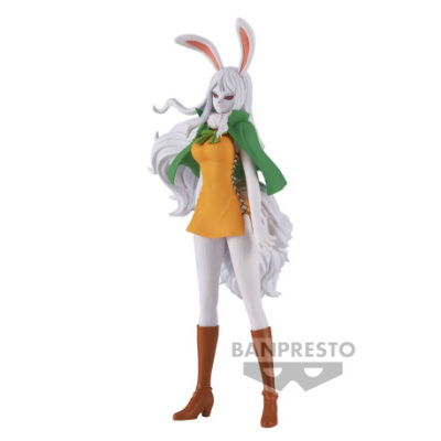 Figura de personagem feminina com orelhas de coelho, vestido amarelo e capa verde
