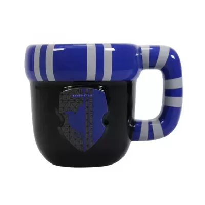 Caneca preta com escudo azul e asa azul com riscas cinza