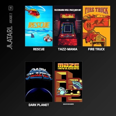 Capas de cinco jogos arcade clássicos, incluindo Rescue, Tazz-Mania, Fire Truck, Dark Planet e Maze Invaders.