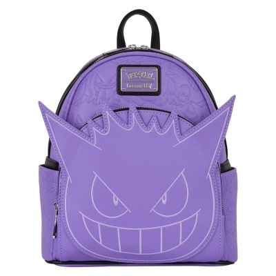 Mochila roxa com rosto de personagem animado na frente e etiqueta PRIMAL LOUNGE
