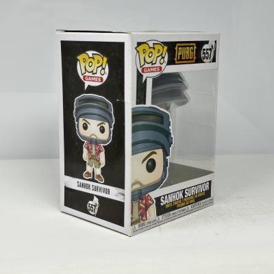 Funko Pop Sanhok Survivor PUBG n.º 557 em caixa branca com janela de plástico transparente