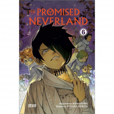 Capa do manga The Promised Neverland volume 6 com ilustração colorida de personagens e texto