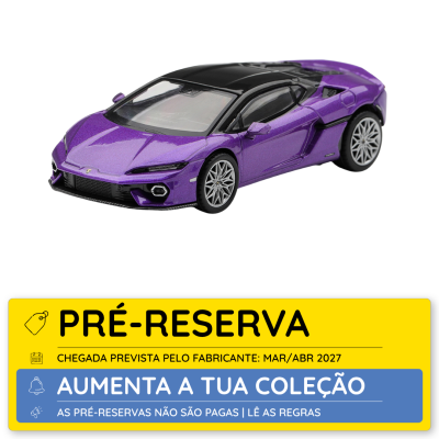Modelo de carro desportivo roxo com teto preto e etiqueta de pré-reserva
