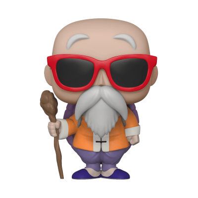 Figura colecionável de personagem careca com óculos vermelhos e bastão
