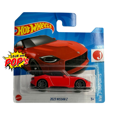 Carrinho de brinquedo Hot Wheels modelo 2023 NISSAN Z vermelho em embalagem azul