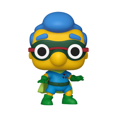 Figura de vinil estilo Funko Pop com cabelo azul, óculos grandes, fato azul e capa verde