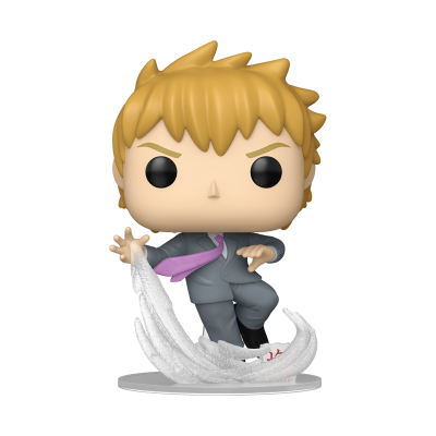 Figura Funko Pop com cabelo amarelo em fato cinzento e gravata rosa com efeito de neve na base