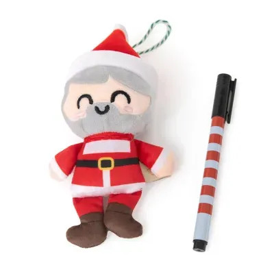 Pelúcia de Pai Natal com caneta riscada ao lado