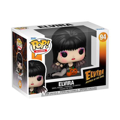 Figura POP! de vinil da personagem Elvira com roupa preta e abóbora laranja numa caixa branca com detalhes laranja e preta