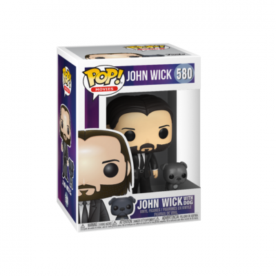 Funko Pop John Wick número 580 com cão, dentro da embalagem