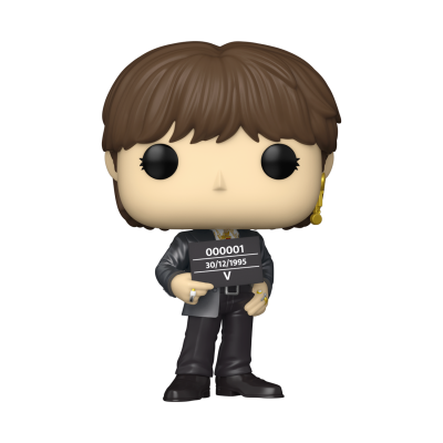Figura Funko Pop de personagem com cabelo castanho vestindo roupa preta e segurando placa