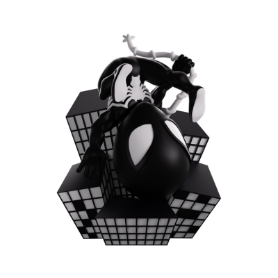 Estátua preto e branco de herói em edifícios quadriculados