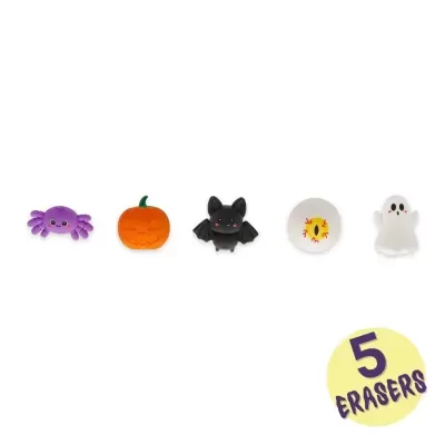 Cinco borrachas de Halloween coloridas dispostas em linha sobre fundo branco