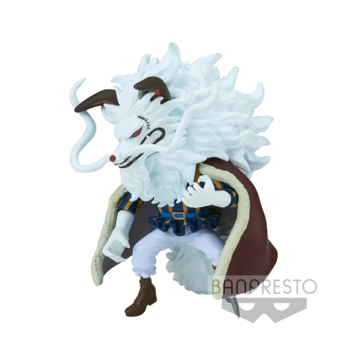 Figura colecionável de raposa branca com várias caudas e roupa azul e marrom