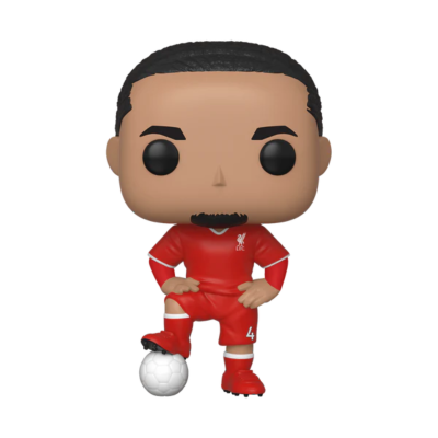 Figura Funko Pop de jogador de futebol com uniforme vermelho e bola branca