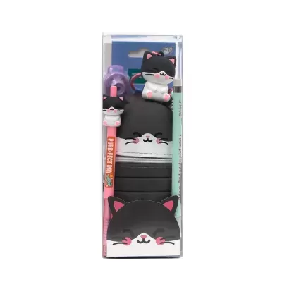 Conjunto de artigos de papelaria com tema de gato preto e branco em embalagem