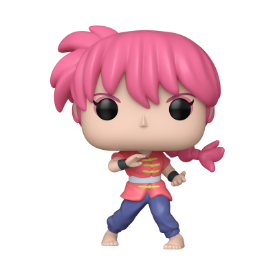 Figura Funko Pop personagem com cabelo rosa em pose de artes marciais