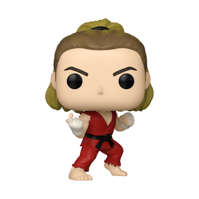 Figura Funko Pop vestida de karaté vermelho com cinto preto e mãos enfaixadas