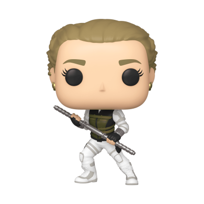 Figura colecionável Funko Pop de personagem com roupa branca e bastão