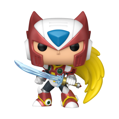 Figura colecionável estilo Funko Pop com capacete vermelho e branco, cabelo amarelo e espada azul.