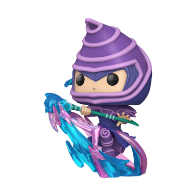 Figura Funko Pop em traje roxo com bastão verde e efeitos visuais azuis e rosa