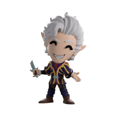 Boneco de personagem com cabelo branco espetado e roupa azul com listras amarelas