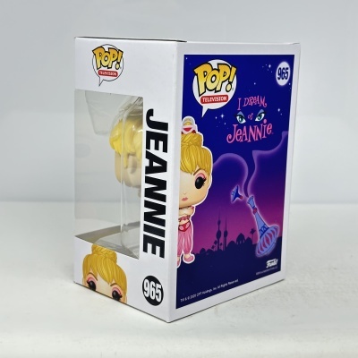 Caixa branca de Funko Pop Television com figura de brinquedo loira e texto I DREAM of JEANNIE.