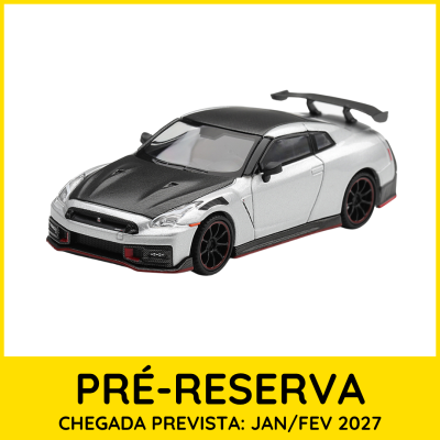 Miniatura de carro desportivo prateado e preto com texto de pré-reserva em moldura amarela