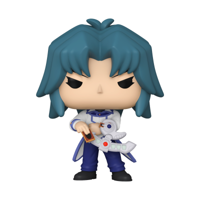 Figura Funko Pop com cabelo azul e roupa azul e branca segurando uma arma futurista