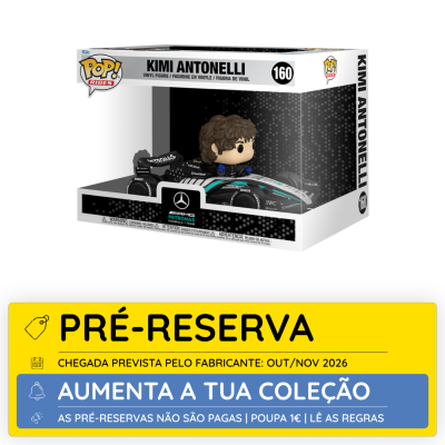 Funko Pop Kimi Antonelli em caixa com carro de Fórmula 1 e etiqueta de pré-reserva