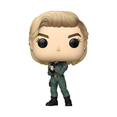 Figura colecionável Funko Pop de personagem com fato verde militar e cabelo loiro.