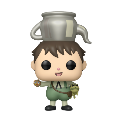 Figura Funko Pop com chaleira na cabeça, roupa verde e segurando rã e figureta pequena.