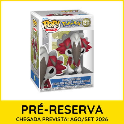 Funko Pop de Pokémon Lycanroc Midnight Form na caixa branca e azul