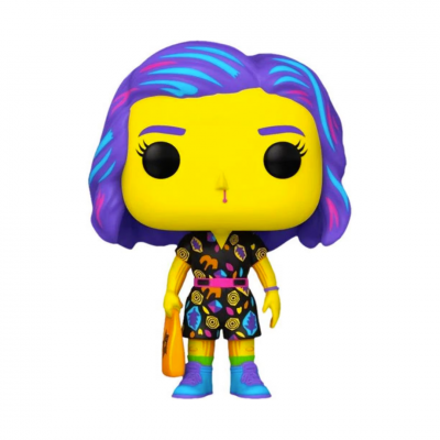 Boneco Funko Pop com cabelo azul e roxo, vestido preto com padrões coloridos e mala laranja