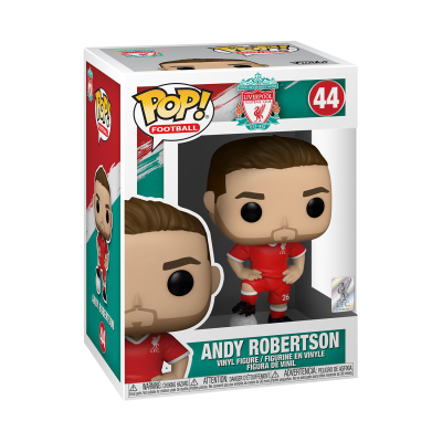 Figura de vinil POP Football de Andy Robertson dentro da caixa com cores vermelho, verde e branco.
