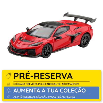 Miniatura de carro desportivo vermelho com pormenores a preto e texto PRÉ-RESERVA