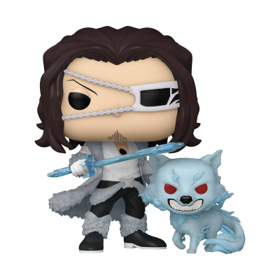 Figura Funko Pop de personagem com espada e mascote lobo azul