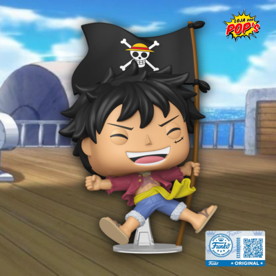 Figura Funko Pop personagem com bandeira preta e roupa colorida num convés de navio