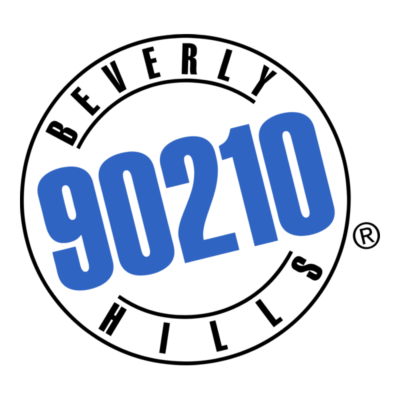 Logo circular Beverly Hills 90210 em azul e preto.