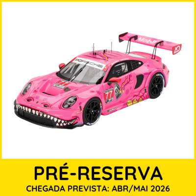 Miniatura carro Porsche rosa com número 77 e decoração de dentes na frente