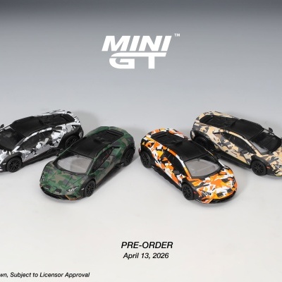 Miniaturas de carros desportivos camuflados em várias cores com texto MINI GT e data de pré-venda.