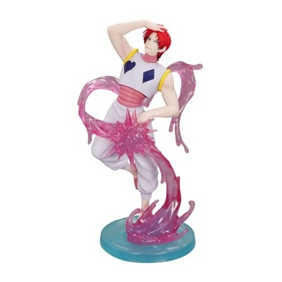 Figura de personagem com cabelo vermelho e roupa branca com símbolos em azul e efeitos rosa translúcidos