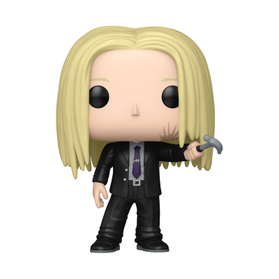 Figura de vinil Funko Pop com cabelo loiro, roupa preta, gravata e martelo.