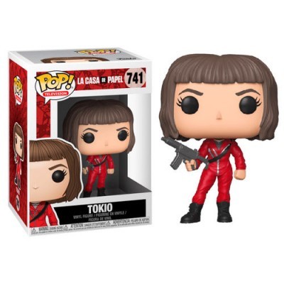 Figura Funko Pop Tokio vestido de vermelho com arma e caixa da série La Casa de Papel