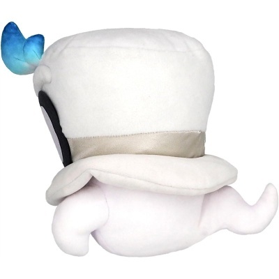 Pelúcia branca com chapéu branco e asa azul.