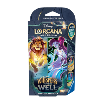 Caixa de baralho Disney Lorcana Whispers in the Well com ilustrações de leão e figura feminina, jogo de cartas para um jogador.