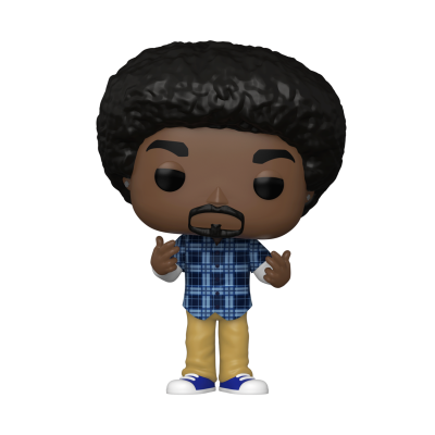 Figura Funko Pop de personagem masculino com camisa azul e cabelo afro