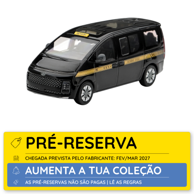 Miniatura de carrinha preta Hyundai com risca dourada e texto Jumbo Taxi